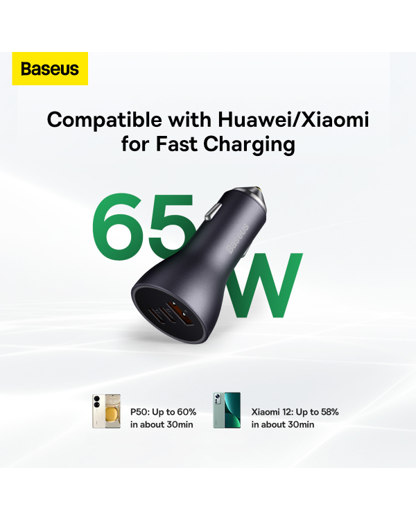 Baseus Golden Contactor Pro car charger, 2x USB-C, 1x USB, 65W (gray)