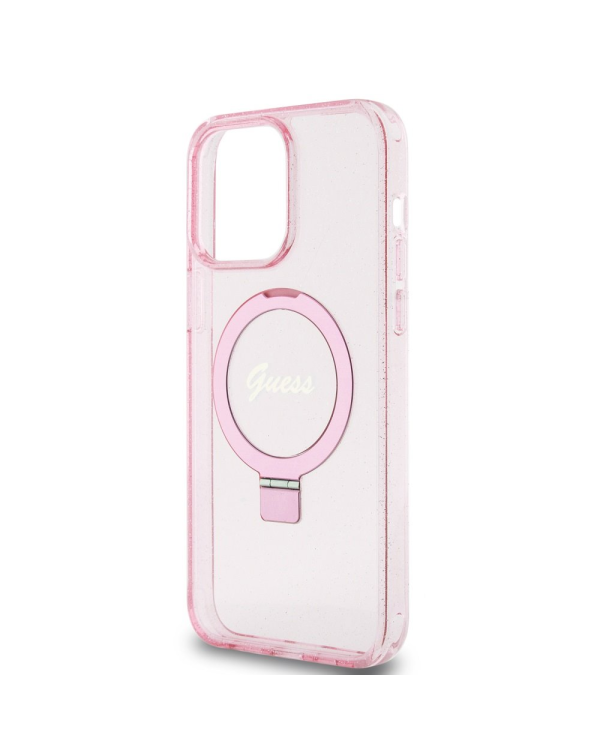 Guess IML Ring Stand Glitter MagSafe Case for iPhone 15 Pro Max Pink