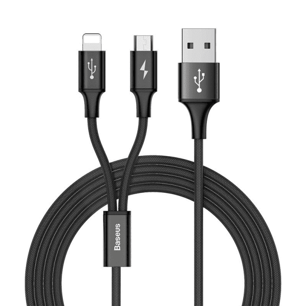 Обложка книги «Baseus Rapid 2in1 USB cable Lightning / micro USB Cable with Nylon Braid 3A 1.2m black (CAML-SU01)»