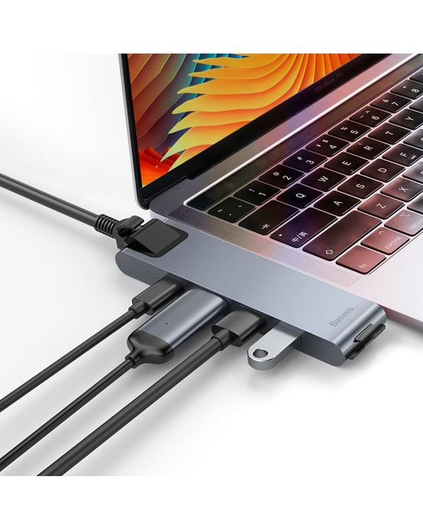 Baseus CAHUB-L0G 7 in 1 Приставка для MacBook | HDMI | 2 x USB 3.0 | USB-C | RJ45 | SD | Micro SD Thunderbolt C+