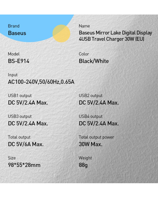 Baseus Mirror Lake CCJMHB-B02 сетевое зарядное устройство 4 x USB / 30W / 6A / LCD белое
