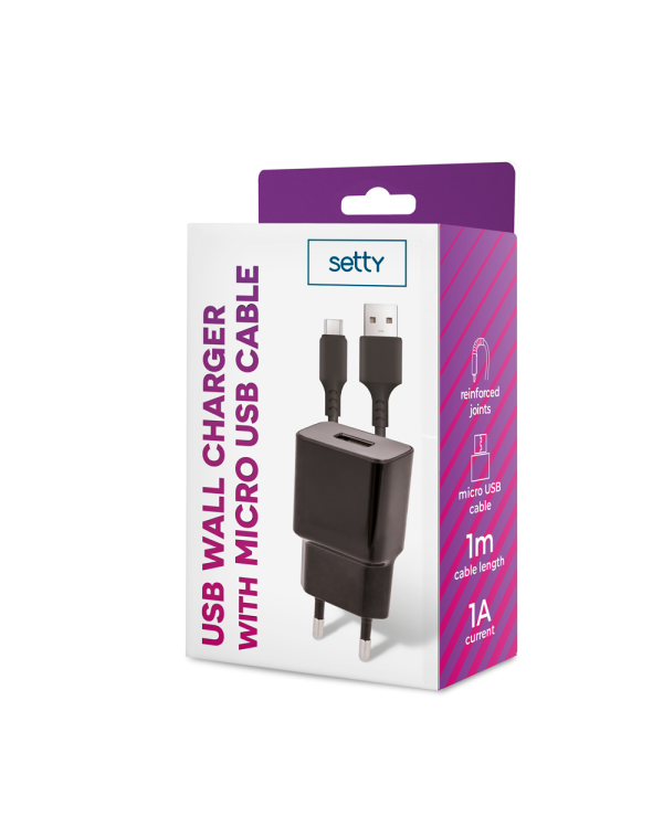 Setty charger 1x USB 1A black + microUSB cable 1,0 m NEW
