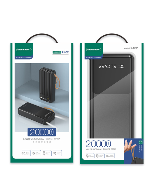 SENDEM P402 powerbank 20000 mAh | 2.4A | LED | встроенный кабель USB-C, Lightning, Micro USB | черный