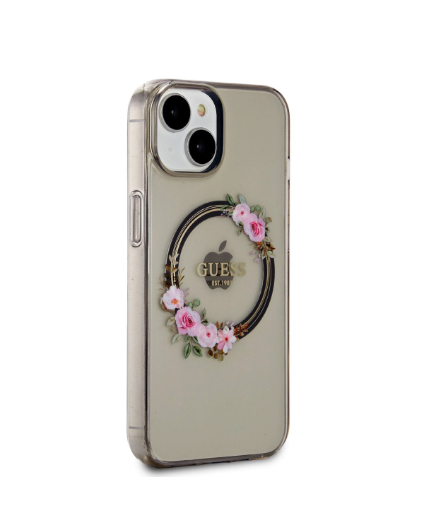 Guess PC|TPU Flowers Ring Glossy Logo MagSafe чехол для iPhone 14 черный