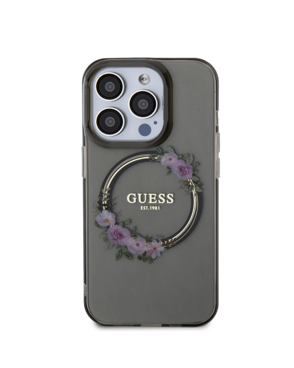 Guess PC|TPU Flowers Ring Glossy Logo MagSafe Case for iPhone 15 Pro Black