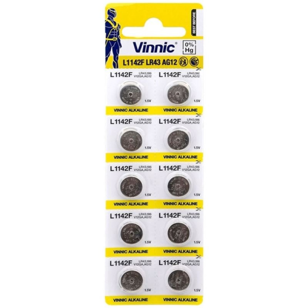 Vinnic AG12 / LR43 / SR43W / 186 / GP86A / 386 / Alkaline 1.5V Батарея (10шт.)