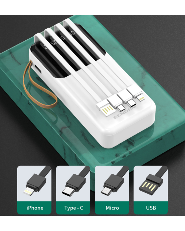 SENDEM P402 powerbank 20000 mAh | 2.4A | LED | встроенный кабель USB-C, Lightning, Micro USB | черный