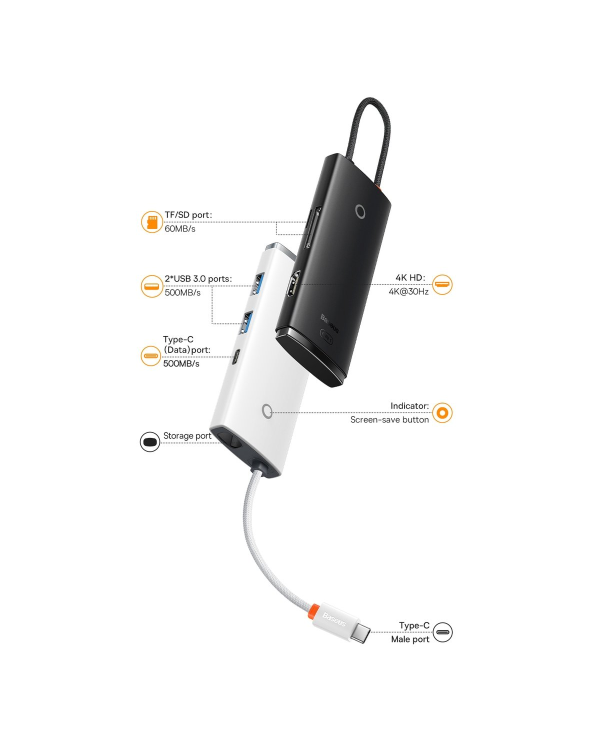 Дополнительное изображение книги «Baseus Lite Series Hub 6w1 USB-C to 2x USB 3.0 + USB-C + HDMI + SD|TF (black)»