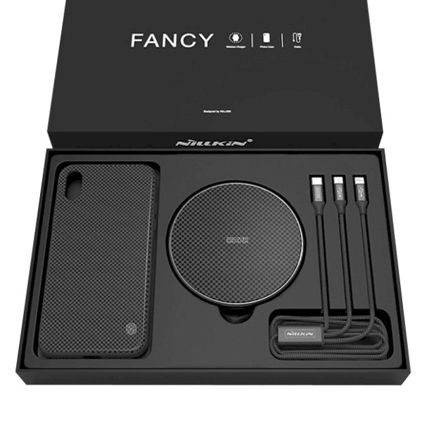 Nillkin Fancy Gift Set - Phone Case + Qi Wireless Charger + 3-in-1 Cable (USB - micro USB/Lightning/USB-C) for iPhone X black