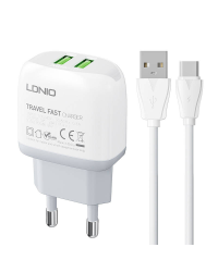 Настенное зарядное устройство LDNIO A2219 2USB + кабель USB-C