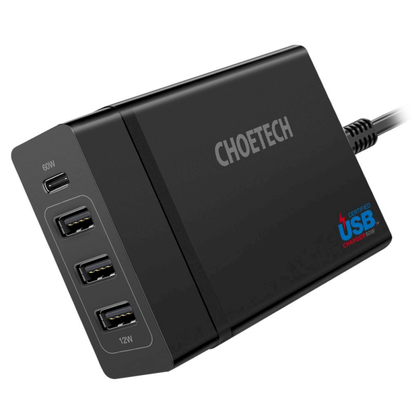 Обложка книги «Choetech travel wall Charger 3x USB / 1X USB Type C 60W Power Delivery black (PD72-1C3U)»