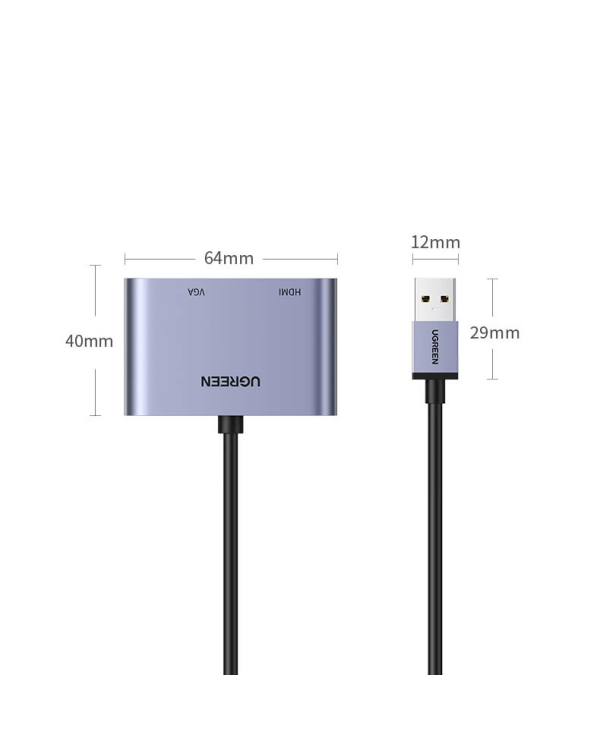 Адаптер-переходник Ugreen USB - HDMI 1.3 (1920 x 1080 @ 60Hz) + VGA 1.2 (1920 x 1080 @ 60Hz) серый (CM449)