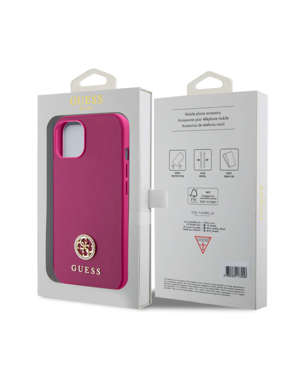 Guess PU 4G Strass Metal Logo Case for iPhone 15 Pink