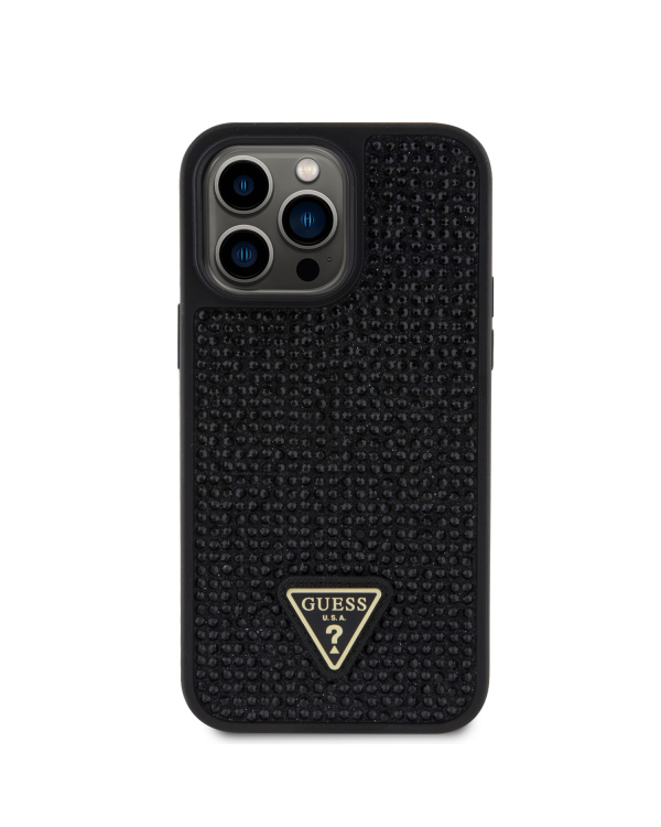 Guess Rhinestones Triangle Metal Logo Case for iPhone 15 Pro Max Black