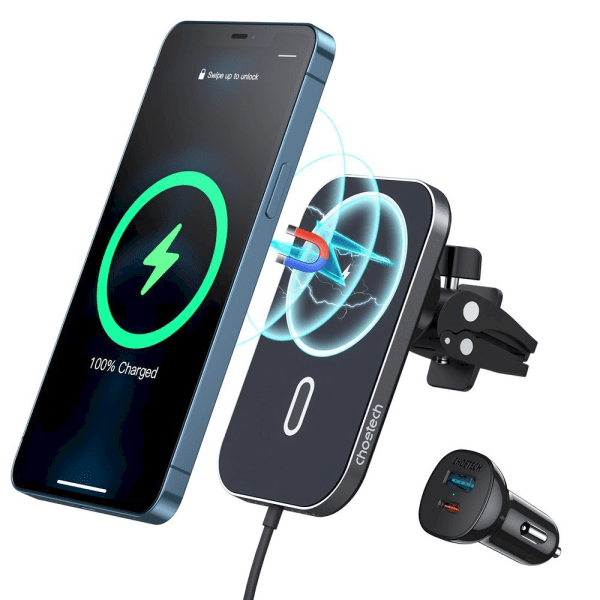 Обложка книги «Choetech Car Kit Magnetic Mount Induction Qi Charger 15W (MagSafe Compatible) Black (T200-F) + USB Charger - USB Type C»