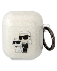 Karl Lagerfeld 3D Logo NFT Karl and Choupette TPU Glitter Case for Airpods 1|2 White