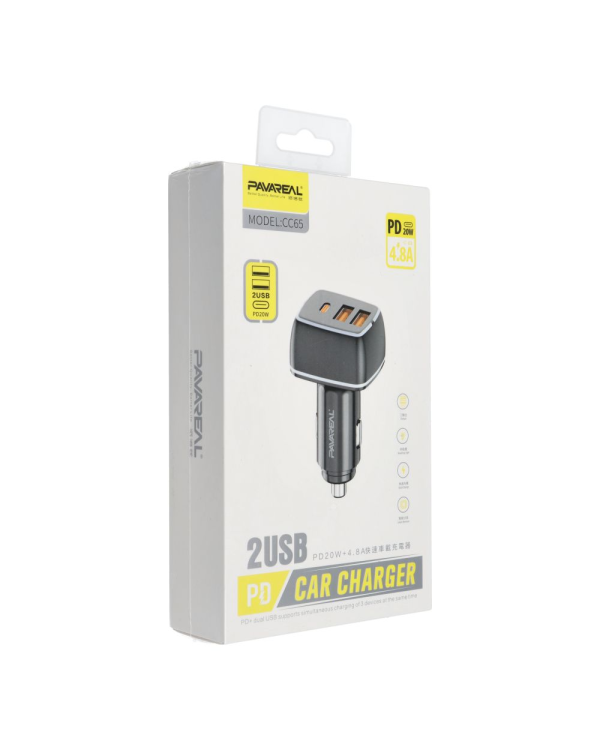 Pavareal Автомобильная зарядка Type C (USB-C) PD 20W + USB 3A черная