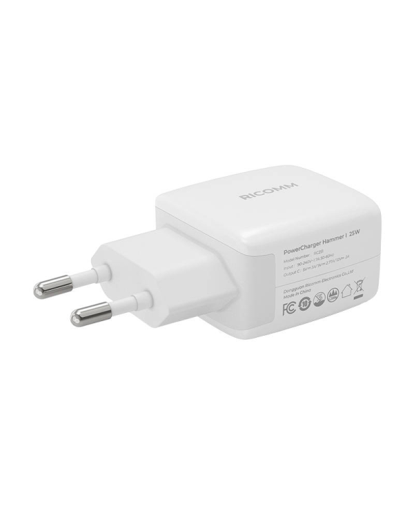 Настенное зарядное устройство 25W PD Ricomm RC251 EU, 1xUSB-C + кабель USB-C 2,1 м