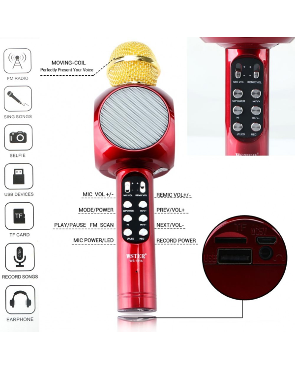 Goodbuy LED 360 караоке микрофон с динамиком bluetooth | 5 Вт | aux | голосовой модулятор | USB | Micro SD красный