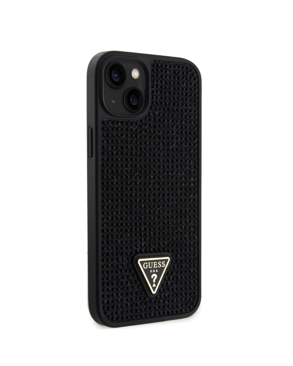 Чехол Guess со стразами и треугольным металлическим логотипом для iPhone 15 Plus черный