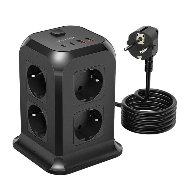 Blitzwolf BW-PC3 Power charger with 8 AC outlets, 2x USB, 2x USB-C (black)