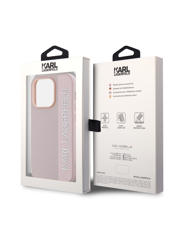 Karl Lagerfeld PU Saffiano Rhinestone Charm Case for iPhone 14 Pro Pink