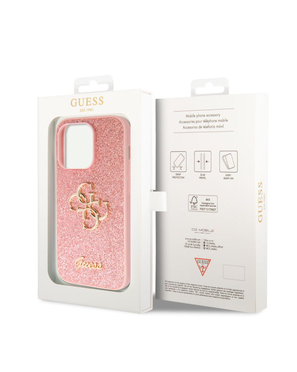 Guess PU Fixed Glitter 4G Metal Logo Case for iPhone 15 Pro Pink