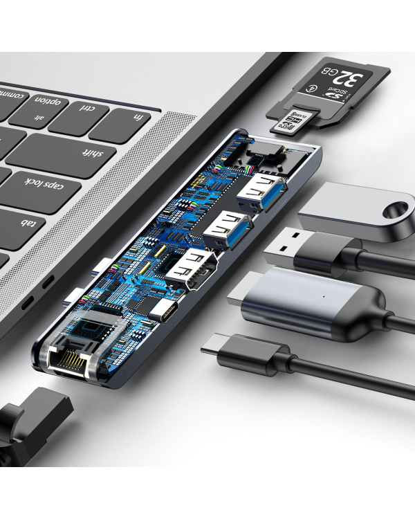 Baseus CAHUB-L0G 7 in 1 Приставка для MacBook | HDMI | 2 x USB 3.0 | USB-C | RJ45 | SD | Micro SD Thunderbolt C+