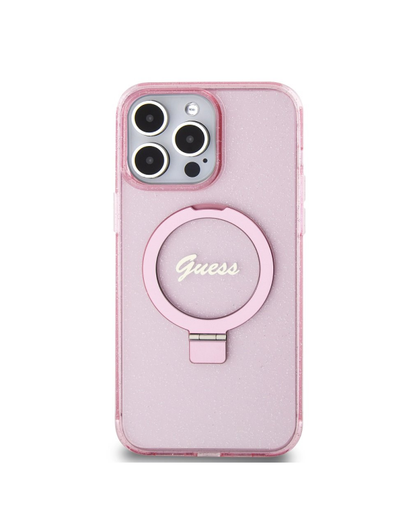 Guess IML Ring Stand Glitter MagSafe Case for iPhone 15 Pro Max Pink