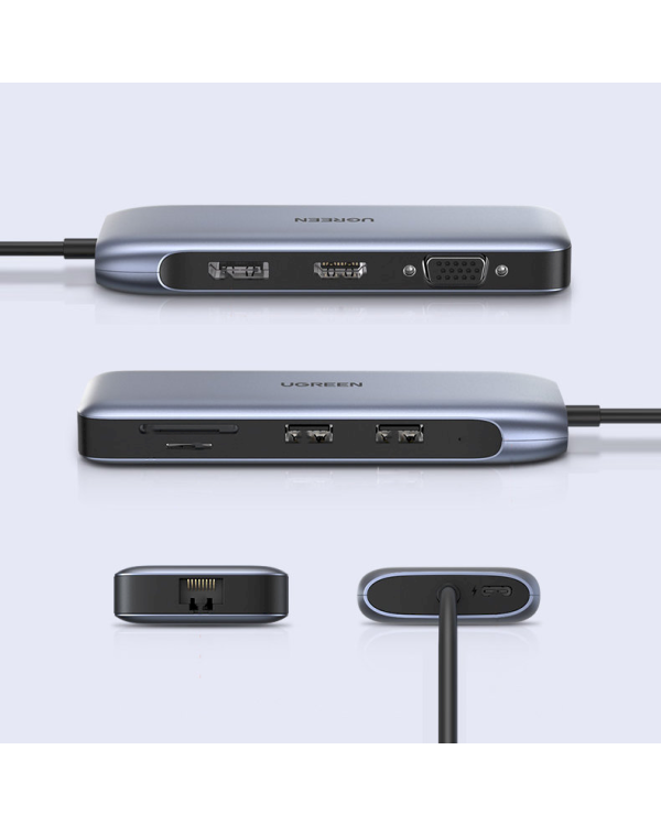 Ugreen multi-functional HUB 9in1 USB Type C - HDMI, DP, VGA, 2 x USB, RJ45 Ethernet, SD | TF card reader, USB Type C PD 100W gray (CM274)