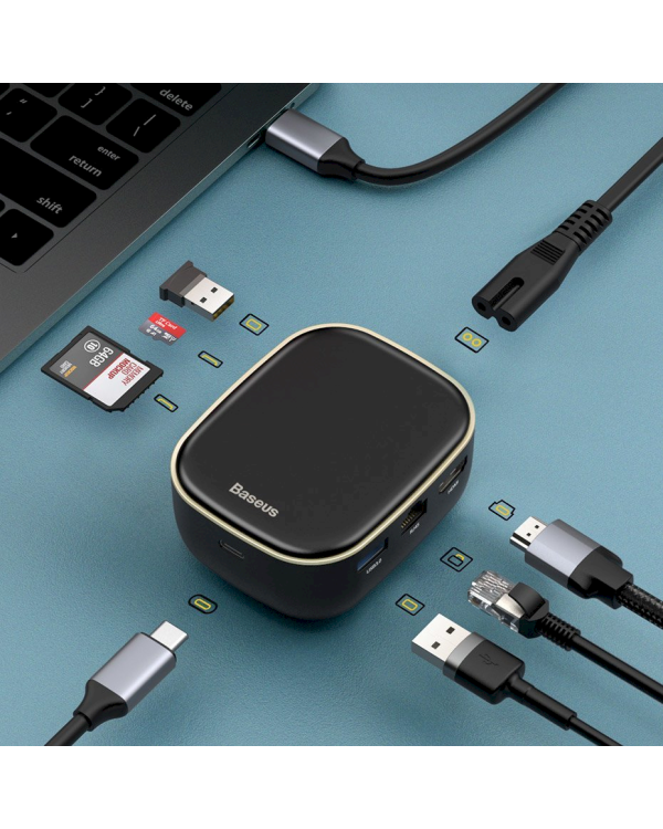 Baseus 6in1 USB Type C Multifunctional HUB, memory card reader, network adapter (USB 3.0, RJ45, HDMI, SD, micro SD) Power Delivery 60 W white (CAHUB-AU02)