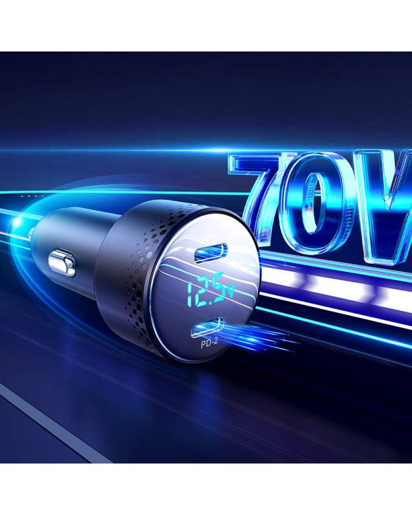 Car charger 2x USB C 70W with LED display Joyroom JR-CCD02 - black