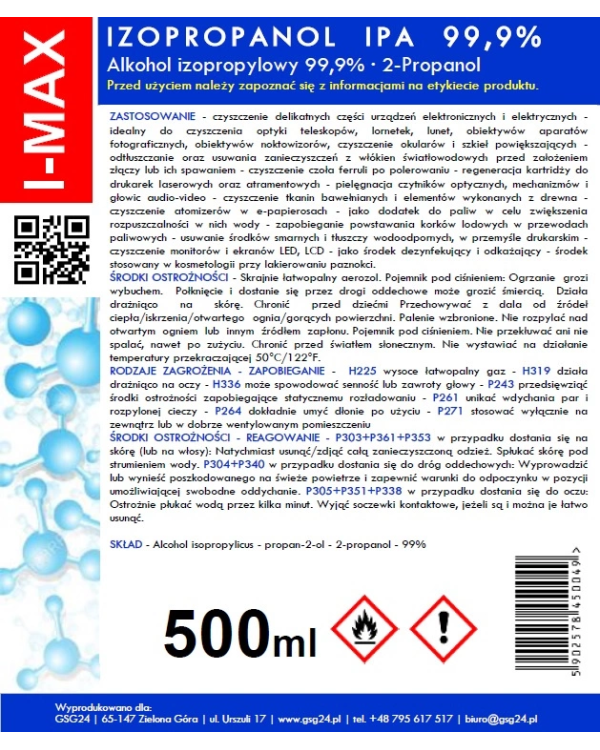 Isopropyl alcohol Isopropanol IPA I-MAX 99.9% Spray 500ML