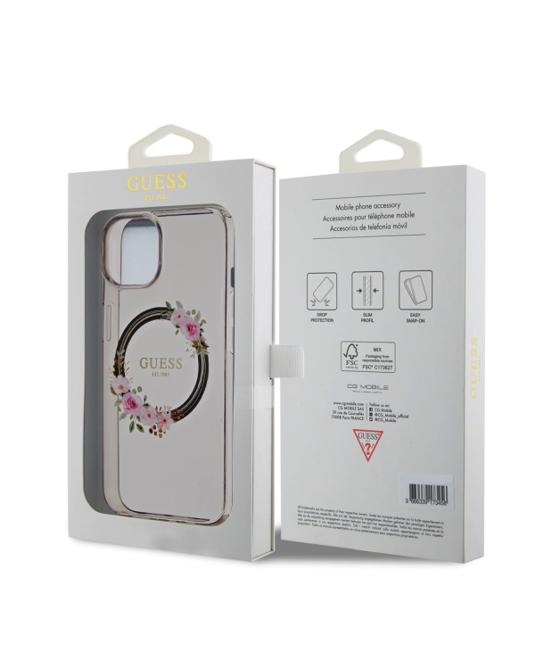 Guess PC|TPU Flowers Ring Glossy Logo MagSafe чехол для iPhone 14 черный