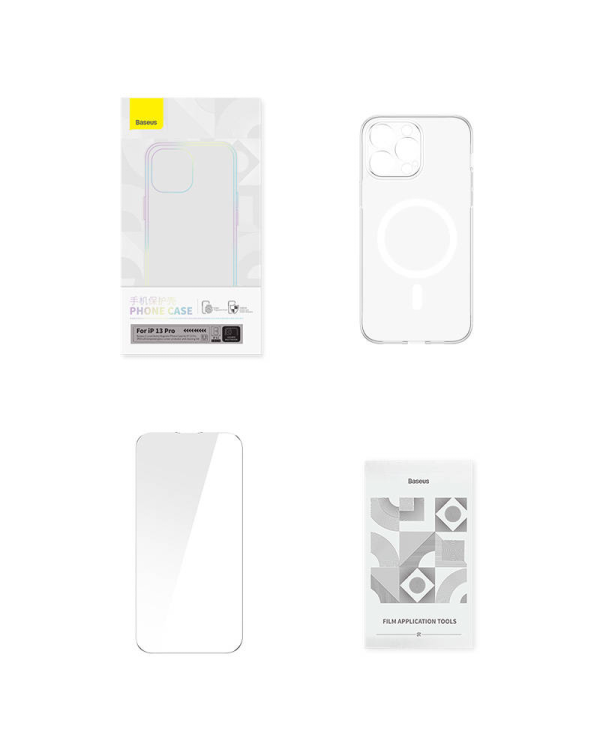 Phone case Baseus Magnetic Crystal Clear for iPhone 13 Pro (transparent) with all-tempered-glass screen protector and cleaning kit