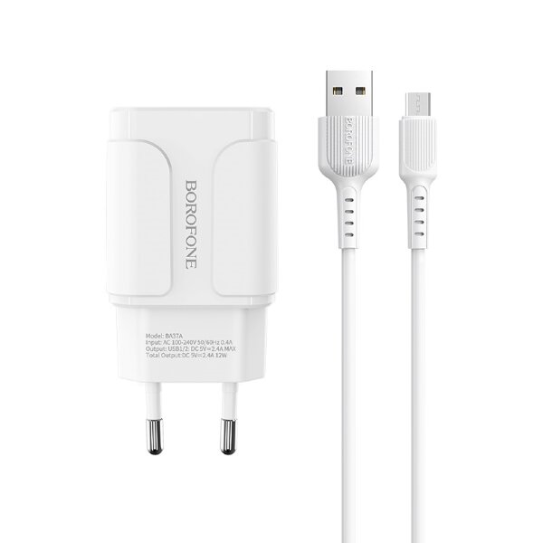 Borofone BA37A Универсальное Зарядное Устройство 2XUSB / 5V / 2.4A + Micro USB Провод 1М Белое Borofone BA37A Универсальное Зарядное Устройство 2XUSB / 5V / 2.4A + Micro USB Провод 1М Белое