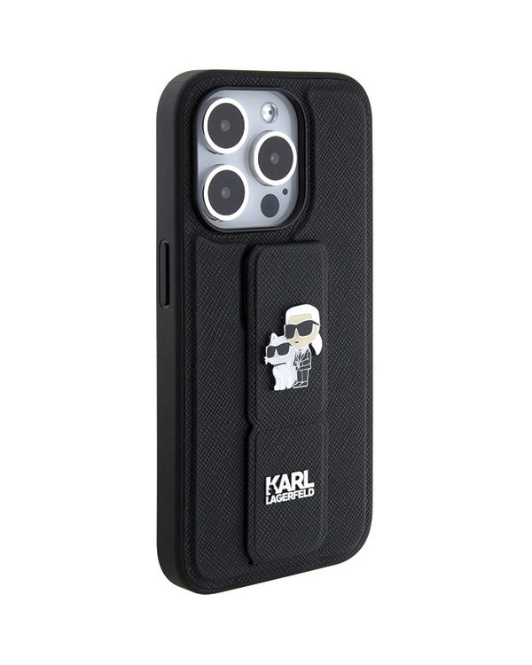 Karl Lagerfeld Gripstand Saffiano Karl&Choupette Pins case for iPhone 15 Pro - black