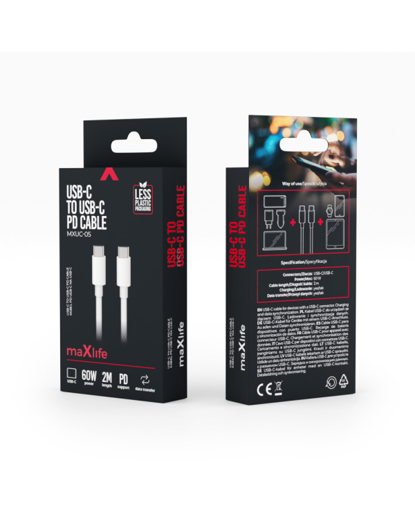 Maxlife cable MXUC-05 USB-C - USB-C 2,0 m 60W white