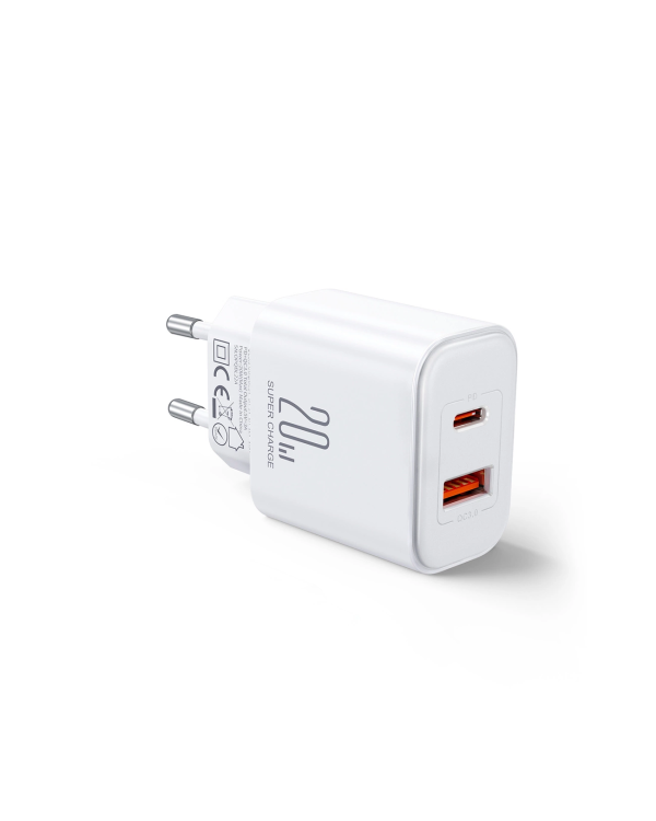 Joyroom JR-TCF05 20W USB-C | USB-A Fast Dual Port Wall Charger - White + USB-C - Lightning 1m