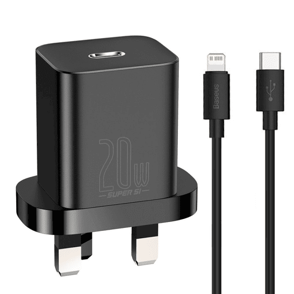 Обложка книги «Baseus Super Si 1C fast wall charger USB Type C 20W UK + USB Type C - Lightning cable 1m black (TZCCSUP-K01)»