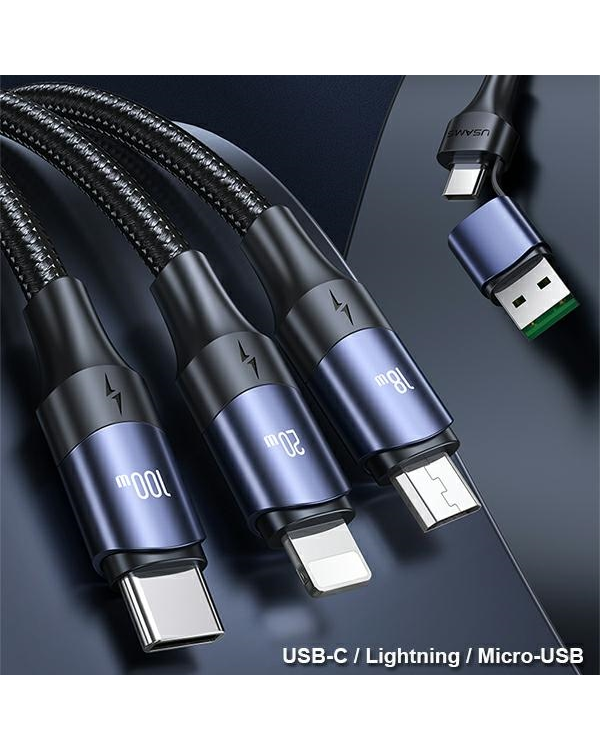 Дополнительное изображение книги «USAMS Kabel U71 3w1 1.2m 6A Fast Charge czarny|black (USB|USB-C na lightning|microUSB|USB-C) SJ511USB01 (US-SJ511)»