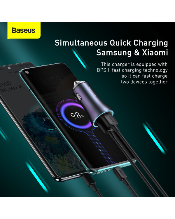 Baseus Golden Contactor Pro quick car charger 2x USB 40 W Quick Charge SCP FCP AFC + USB - USB Type C cable gray (TZCCJD-A0G)