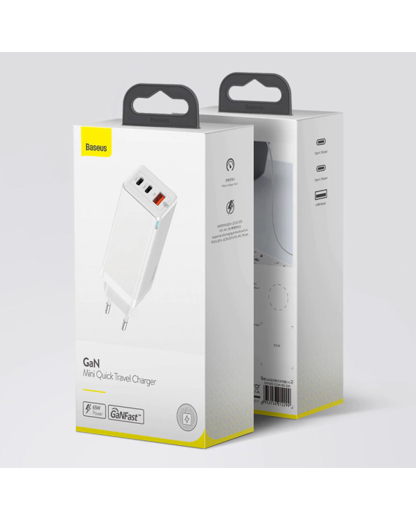 Baseus GaN CCGAN-B02 Сетевое зарядное устройство USB / 2 x USB-C / 65W / 5A / Quick Charge 3.0 Белое