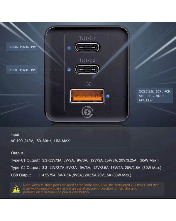 Baseus GaN CCGAN-B01 Сетевое зарядное устройство USB / 2 x USB-C / 65W / 5A / Quick Charge 3.0 Черное