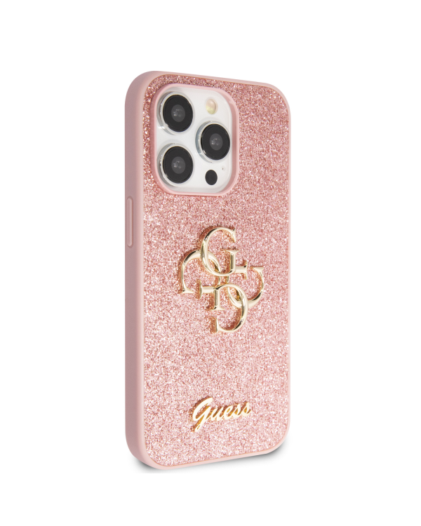 Guess PU Fixed Glitter 4G Metal Logo Case for iPhone 15 Pro Pink