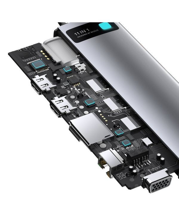Дополнительное изображение книги «Концентратор 11in1 Baseus Metal Gleam Series, USB-C - 3x USB 3.0 + 2x HDMI + USB-C PD + Ethernet RJ45 + microSD|SD + VGA + AUX»
