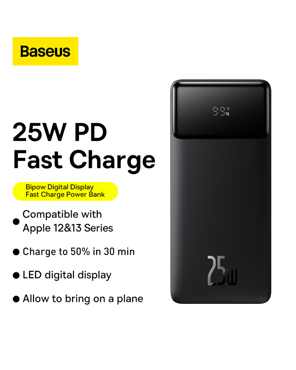 Powerbank Baseus Bipow, 20000mAh, 2x USB, USB-C, 25W (black)
