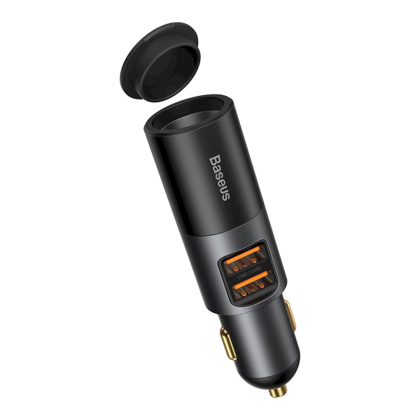 Baseus Share Together Fast Charge Car Charger with Cigarette Lighter Expansion Port, 2x USB, 120W (Gray)