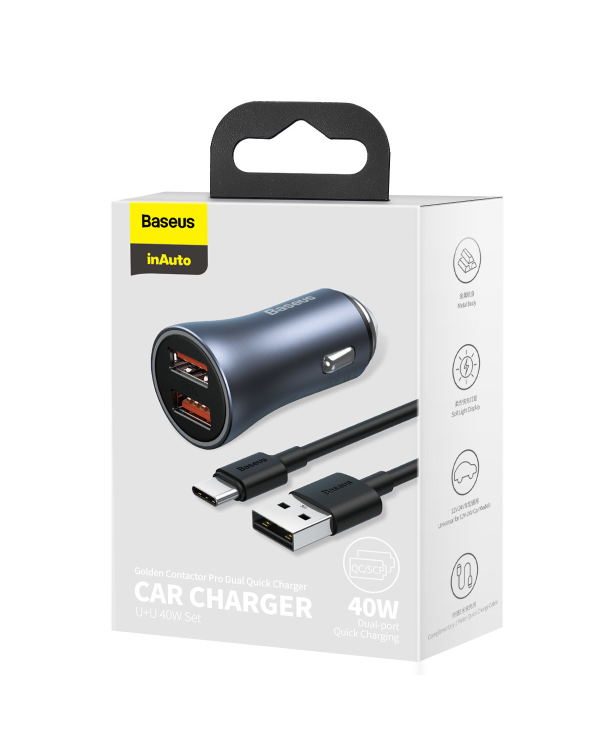 Baseus Golden Contactor Pro quick car charger 2x USB 40 W Quick Charge SCP FCP AFC + USB - USB Type C cable gray (TZCCJD-A0G)