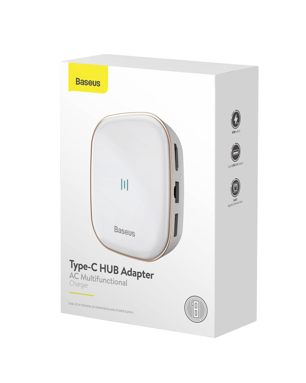 Baseus 6in1 USB Type C Multifunctional HUB, memory card reader, network adapter (USB 3.0, RJ45, HDMI, SD, micro SD) Power Delivery 60 W white (CAHUB-AU02)